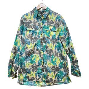 Lands End Womens Linen Button Up Shirt Size ST Green Tropical Long Sleeve Casual